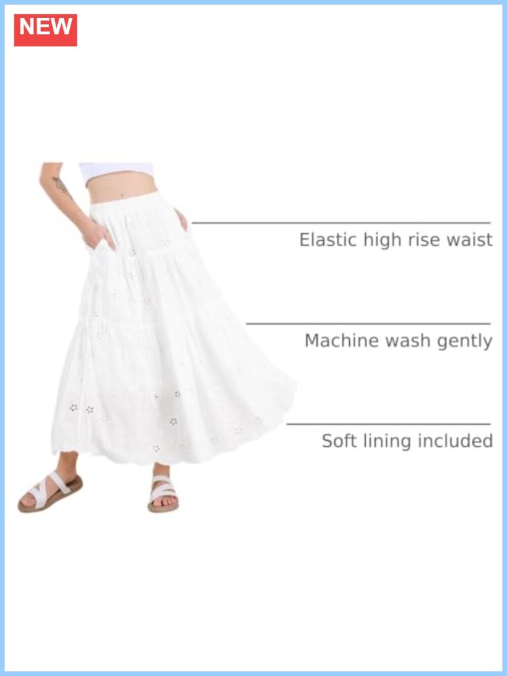 Lace Eyelet Embroidery High Waist Flowy Swing Midi Skirt - Picture 3 of 6